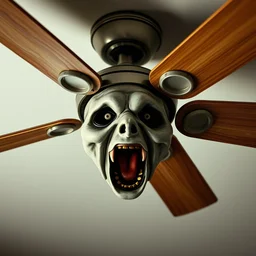 the screaming fan, a ceiling fan with a face that screams at you and oniy lets out loud electrical hums as it stares at you. | realistic