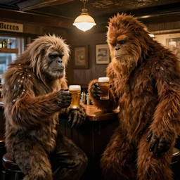 the lochness monster meeting bigfoot for a beer at a local bar, 4 k photograph