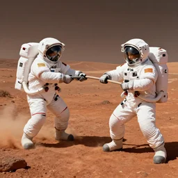 👩🚀 astronauts playing tug of war on mars. photorealistic unreal engine highly detailed.