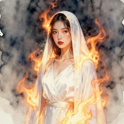 fire priestess cloaked in ethereal fire and smoke looking away from camera, hyperrealistic, subject in center of frame, neonpunk, watercolor portrait by rembrandt and kim jung gi, jan van eyck, artstation, deviantart