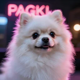 cinematography closeup portrait of a small white fluffy pomeranian, neon lighting, night, by Emmanuel Lubezki