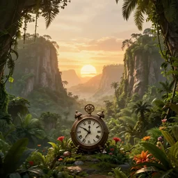 a clock at the bottom of a prehistoric jungle, hills, flowers, vines, sunset, hazy, volumetric lighting, rtx on, an award - winning digital render, beautiful, stunning, ultradetailed, great composition