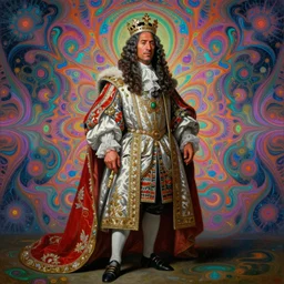 beautiful oil painting, full length portrait of Dwayne the rock Johnson as Louis xiv in coronation robes 1701, baroque, Dan Mumford, Dan Mumford, Alex grey, Alex grey, highly detailed , lsd visuals, dmt fractal patterns, hallucinogen, visionary art, psychedelic art, ornate, vaporwave