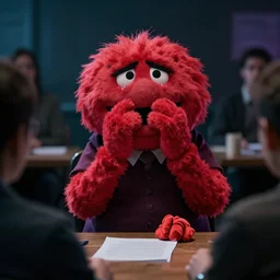 a photo of a nightmare version of barney crying in an aa meeting