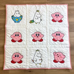 a quilt with kirby and moomin as the pattern, realistic, product image