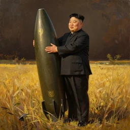 kim jong un hugging a nuclear war head during golden hour on a grassy field, romantic era oil painting, ultra realistic, high detail, full body, warm colors, dark background, high contrast,