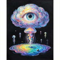 an iridescent huge chakra minds eye exploding mushroom cloud dmt lsd limerence paintbrush jellyfish nervous system suspended in rainbow liquid paint lake on a creative whimiscal alien planet, black paper, obscure, serendipity, gustave darrow, dan mumford, wlop, artgerm, moebius, metatron