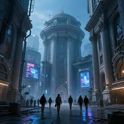 travelers walking through the remnants of a dystopian city, classical architecture, technological lights, screens, cyberpunk ads, ancient buildings, cyberpunk style, futuristic designs, 8 k resolution, by hugh ferris and john smith, polished, fine detail, intricate, blue color scheme, cyberpunk style, smooth, octane, concept art, trending on artstation