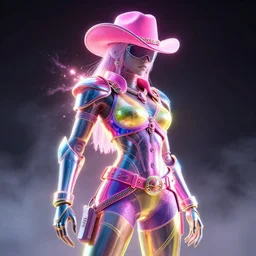 disintigrating synthwave cowgirl, character design, bright colors, illusion, metallic, armor, stunning, breathtaking, digital render, line art, unreal engine, de - noise, 8 k, volumetric lighting, detailed contrast, scattered mist, glow, rim light