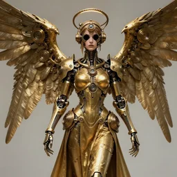Steampunk Angel, mechanical wings, Crank halo, empty eyes, golden tech robes, female looking, steampunk fantasy, artstation