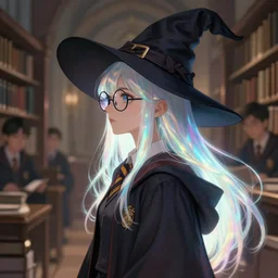 side portrait of female student witch, witch academia, magic school uniform, glowing luminous iridescent light hair color, library nerd glasses, by ruan jia and wlop and greg rutkowski and ross tran, digital art, illustration, highly detailed, concept art, beautiful, masterpiece