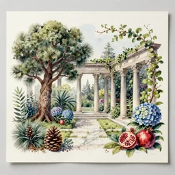 delicate marble garden on paper, stony, puffy, botanical herbarium, botanic watercolors, iridescent, 8 k wide angle, realistic shaded, fine details, artstation, italian, colonnade, oak tree, pinecone, pomegranade, hydrangea, vines, gardena architecture, pompeii