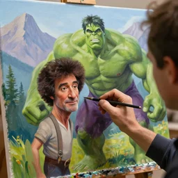 a closeup photorealistic photograph of bob ross working on a canvas painting of the incredible hulk. film still. brightly lit scene. mountains and trees. this 4 k hd image is trending on artstation, featured on behance, well - rendered, extra crisp, features intricate detail, epic composition and the style of unreal engine.