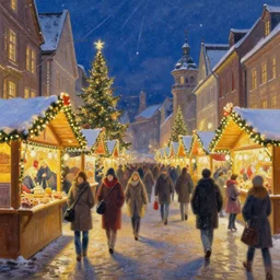 city streets at christmas, german christmas market, painting by thomas kinkade