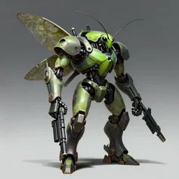 digital Illustration of a Tettigonia viridissima mutant cyborg with heavy weapons. cyberpunk noir, trending on artstation