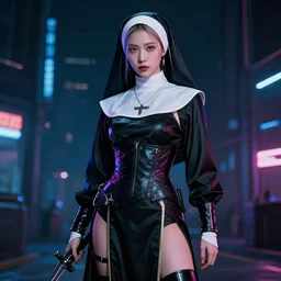 photo of a cyberpunk nun warrior