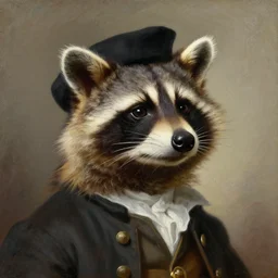 a head and shoulders portrait painting of an anthropomorphic!!!!!!!!!! raccoon!!!!!!!!!! wearing a colonial outfit without a hat looking off camera, a character portrait, american romanticism, oil on canvas, soft focus