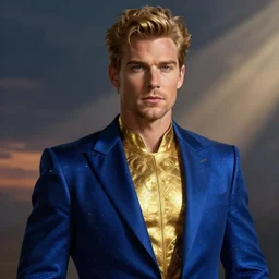 Sam Hyde in a Celestial royal blue suit, luxurious theme, starring in Thor Ragnarok film, gold suit, sigma male, accurately portrayed, portrait art by alphonse mucha and greg rutkowski, highly detailed, digital painting, concept art, illustration, dim lighting with twilight rays of sunlight, trending on artstation, very detailed, smooth, sharp focus, octane render, close up