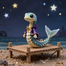 stop motion bipedal halloween eel snake skeleton fantasy mermaid with a fish bone body, wearing a magic imbued mage top with gold accent jewelry, inside a handcrafted cardboard dock to look at the hand painted night sky full of glittery star stickers and glow in the dark star stickers over a shredded paper sea, adorable, charming, macro camera lens