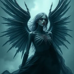 a masterful fantastic realist painting of an enchanting woman with skeletal wings, unusual moody, beautiful sorrow, digital painting trending on artstation, volumetric lightning and mist, hyperrealistic, octane render