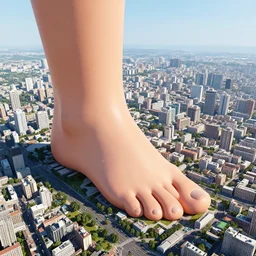 giant foot stepping on city, aerial view, 8 k