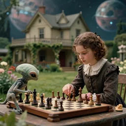 sharp, highly detailed, 1024k film, 700mm film still from a sci fi blockbuster color movie made in 2019, set in 1860, of a girl playing chess with their small pet humanoid alien creature, in the garden of a house on an alien planet, are all wearing 1860s era clothes, cinematic lighting, in focus, 700mm f/1.4L lens