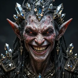 hyper realistic portrait of postapocalyptic evil smiling grining elf goblin, cinematic, symmetric, dark crystal, alan lee, jean baptiste monge, scott radke