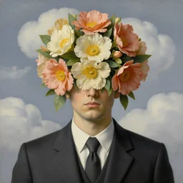 portrait of a faceless beautiful flowers as head, man in a suit, clouds in the background, by rene magritte, detailed painting, distance!!!!!!, centered, hd, hq, high resolution, high detail, 4 k, 8 k