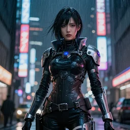 An epic comic hyperrealistic illustration of a asia cyber warrrior girl wearing futuristic wardrobe, black and silver, ultradetailed face expression trending on artstation and artbreeder, cyberpunk 2077 color,  heavy rainning at tokyo street night, neon light, DAZ, 8k, unreal 5 engine render, cosplay, RPG portrait, final fantasy Vll world concept, dramatic lighting, rim lights, PS5 render quality