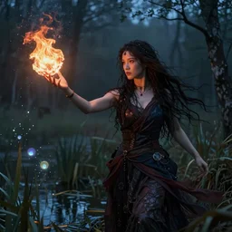 female portrait, hapa sorceress chasing will-o-wisps casting a fireball in a bog, by Ilya Kuvshinov