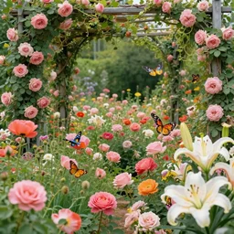 secred garden with roses, poppies, butterflies, lilies, dragonflies, vines