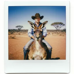 a polaroid film still portrait of a cowboy riding kangaroo, finely detailed features, perfect art, in australia desert artwork by gaston bussiere, craig mullins, trending on artstation