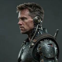 a rugged matt damon with cybernetic enhancements, scifi character portrait by greg rutkowski, esuthio, craig mullins, 1 / 4 headshot, cinematic lighting, dystopian scifi gear, gloomy, profile picture, mechanical, half robot, implants, steampunk
