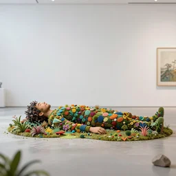 poetic exhuberance, realistic detailed person lying in the middle of a stunning intriguing 3 d rendering, composed of tiny colorful details and plants, hyperdetailed, contemporary masterpiece, in clean minimal style museum, deep focus, striking