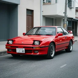 Cannon photo of red Toyota supra mk3 made in 1986 front sideview parked on street