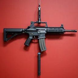 a FN P90 hanging on a red wall.