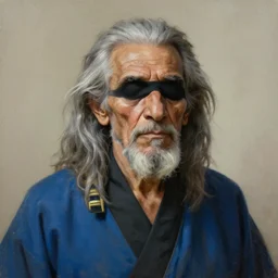 masterpiece painting of a portrait of a egyptian old man, blind and with dreaded gray hair wearing blue and black kimono featured in artstation, concept art by Greg Rutkowski, WLOP, Dan Mumford, Christophe Vacher