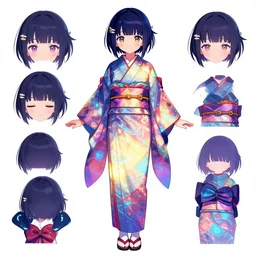 kawaii anime girl naro rinri wearing a glowing colorful kimono, cyberpunk, neo tokyo anime girl, character design sheet