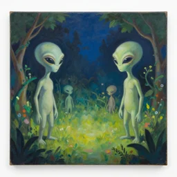 painting of aliens in a garden at night by hannah yata and r. s. connett.