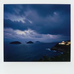 micro - hurricane, blue hour, early night, deep blue atmosphere, overcast, low light, black and blue sky, sundown, scattered islands, sea, ocean, low pressure system, cloud with eye, very windy, late evening, distant hotel retreat on cliffside, shining lights on cliff side, polaroid photograph