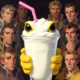 close up sci - fi master shake, giant white milkshake with a pink straw and yellow gloves reptile eyes, centered, digital painting, smooth, sharp focus, illustration, artgerm, tomasz alen kopera, peter mohrbacher, donato giancola, joseph christian leyendecker, wlop, frank frazetta