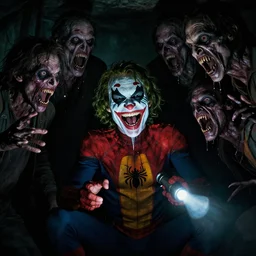 Joker imitates Spider-Man and laughs, scary scene, top horrible creatures, horrible, horror films, film on real events, horrors filmed on camera, fangs and drool, jaw and tongue, man is terrified, fear, darkness, basement, 8k, hyper-realistic, ray tracing, night, flashlight