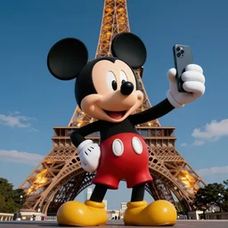 Mickey Mouse on Eiffel Tower taking selfie