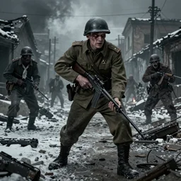 an extremely detailed dark macabre photorealistic matte portrait of a soviet war soldier fighting zombies in a nuclear winter by J.C Leyendecker and Zdzisław Beksiński , Vietnam horror, destroyed street liminal space, dramatic lighting, trending on artstation, 8K, HDR, I cant believe how nightmarish this is