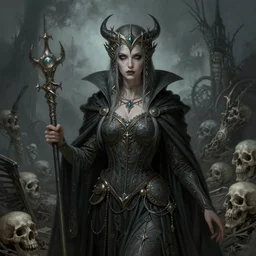 A full portrait of a beautiful terrible dystopian boneyard nordic necromancer sorcerer enchanter, intricate, elegant, highly detailed, digital painting, artstation, concept art, smooth, sharp focus, illustration, art by Krenz Cushart and Artem Demura and alphonse mucha