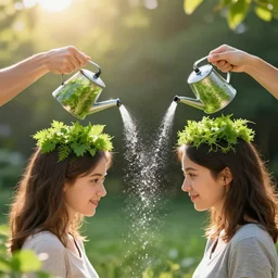 a couple watering each other's heads which are made of plants and the sun is shining