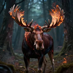 5 5 mm portrait photo of a demonic heavily burning moose with red eyes and antlers and looking at the camera, in a magical forest. dark atmosphere. art by greg rutkowski and luis royo. highly detailed 8 k. intricate. lifelike. soft light. nikon d 8 5 0.
