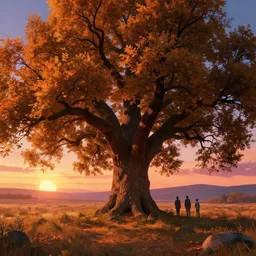 A landscape with a giant oak tree in the fall sunset, Low level, rendered by Beeple, Makoto Shinkai, syd meade, simon stålenhag, environment concept, synthwave style, digital art, unreal engine, WLOP, trending on artstation, 4K UHD image, octane render,