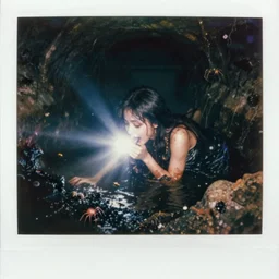 an ancient evil - girl devouring the souls of the human kind on an underground sewer with toxic waste all around and black water, tiny spiders an insects, 1 9 5 0 polaroid photography with flash light, grainy film, flash light, dark horror, dramatic light, volumetric light, mist