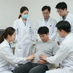 A room full of doctors examining a young pregnant man